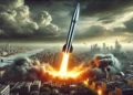 "Illustration of a hypersonic ICBM missile launch over a war-torn cityscape"