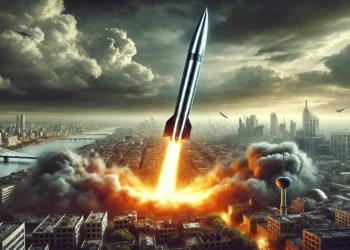 "Illustration of a hypersonic ICBM missile launch over a war-torn cityscape"