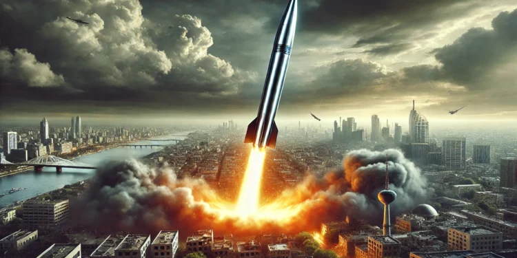 "Illustration of a hypersonic ICBM missile launch over a war-torn cityscape"